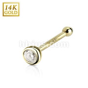 14 Karat Solid Yellow Gold Nose Stud Ring with 2mm Bezel Set Clear CZ Ball