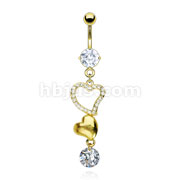 Gold Plated Prong Set Gem Navel with Gold Plated Gem Double Heart and Single CZ Dangle 