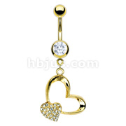 Gold Plated  Navel with Gold Plated Gem Pave Heart and Heart
