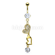 Gold Plated Prong Set Gem Navel with Gold Plated Heart and CZ Dangle