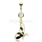 Gold Plated Navel Ring with Black & White Enamel Butterfly with Gems