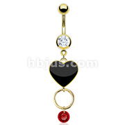 Gold Plated Over 316L Surgical Steel Navel Ring with Black Epoxy Heart and Loop with Red CZ Dangle