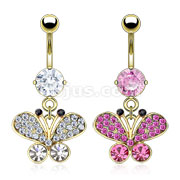 Gold Plated Over 316L Surgical Steel Navel Ring with Multi CZs Butterfly Dangle