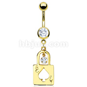 Gold Plated Over 316L Surgical Steel Navel Ring with Ace Spade Lock with CZ Dangle
