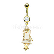 Gold Plated Over 316L Surgical Steel Navel Ring with Sassy Little Girl in a Dress Charm with CZs