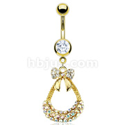 Gold Plated Over 316L Surgical Steel Navel Ring with CZ Bow Tie and Aurora Boreale Paved Purse Dangle