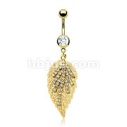 Gold Plated Over 316L Surgical Steel Navel Ring with Multi Gem Stems on a Golden Leaf