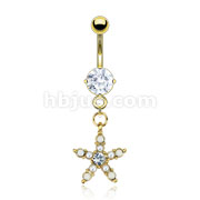 Gold Plated Over 316L Surgical Steel Navel Ring with Bubble Star with Opalite, Pearl, and CZ Dangle