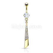 Gold IP Over 316L Surgical Steel Navel Ring with Double Bar with Paved Gem CZ