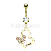 Gold IP Over 316L Surgical Steel Navel Ring with Paved Gem Butterfly on Engraved 'LOVE' Heart