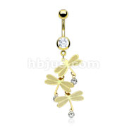 Gold IP Over 316L Surgical Steel Triple Dragonfly Dangle with Triple CZ Navel Ring