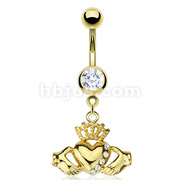 Gold Plated Over 316L Surgical Steel Navel Ring with Multi CZ Claddagh Dangle