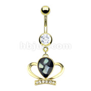 Gold IP Over 316L Surgical Steel Navel Ring with Onyx Abalone Center Multi CZ Crown Dangle