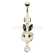 Gold IP Over 316L Surgical Steel Navel Ring with Multi Paved CZ Toki Bunny Dangle