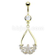 Gold IP Over 316L Surgical Steel Navel Ring with Mother of Pearl Flower with CZ Cascade Teardrop
