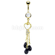 Gold IP Over 316L Surgical Steel Navel Ring with Pearl Inlay Heart Key with Black Dangling CZs