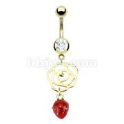 Gold IP Over 316L Surgical Steel Navel Ring with Full Bloom Flower with Strawberry Epoxy Dangle