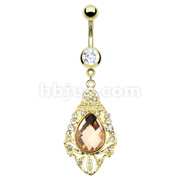 Gold IP Over 316L Surgical Steel Navel Ring with Pink Faceted Cut Gem on Pave Gemmed Royal Shield Plate