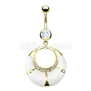 Gold IP Surgical Steel White Epoxy Paved CZ Accented Crescent Loop Navel Ring
