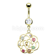 Gold IP Over 316L Surgical Steel Navel Ring with Full Bloom Flower Frame with Multi CZ Stones