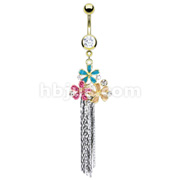 Gold IP Over 316L Surgical Steel Navel Ring with Trio Epoxy CZ Flowers with Chains