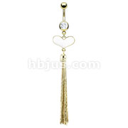 Gold IP Over 316L Surgical Steel Navel Ring with White Epoxy Heart Multi Chains Dangle