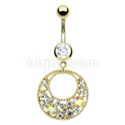 Gold IP Over 316L Surgical Steel Navel Ring with Multi Cluster CZ Double Loop Dangle