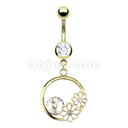 Gold IP Surgical Steel Double White Epoxy CZ Flower with Crystal Loop Navel Ring