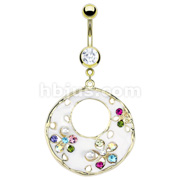 Gold IP Surgical Steel White Epoxy Multi CZ & Pearl Casted Flower Crescent Loop Navel Ring
