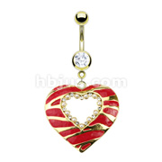 Gold IP Surgical Steel Red Epoxy Striped Multi CZ & Pearl Heart Navel Ring 