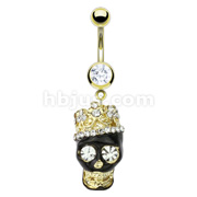 Gold IP Surgical Steel Black Epoxy Multi CZ Enchanted Treasure Crowned Skull Navel Ring