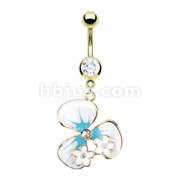 Gold IP Over 316L Surgical Steel Navel Ring with White & Teal Epoxy Flower with Mini Flower CZ Dangle