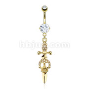 Gold IP Over 316L Surgical Steel Paved Multi Gem Skull Dagger Navel Ring