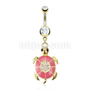 Gold IP Over 316L Surgical Steel Pink Epoxy Paved Gem Turtle Navel Ring
