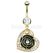 Gold IP Over 316L Surgical Steel Multi Paved Gem Clear CZ Surrounding Heart Frame with Dark Green Flower Dangle Navel Ring