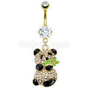 Gold IP Over 316L Surgical Steel CZ Paved Gold IP Panda Holding Bamboo Navel Ring