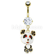 Gold IP Over 316L Surgical Steel Paved Epoxy Coated Red Eyed Panda Dangle Navel Ring