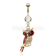 Gold IP Over 316L Surgical Steel with Multi CZ Paved Velvet Owl Navel Ring