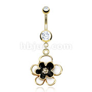 Rose Gold IP Over 316L Surgical Steel Navel Ring with Center CZ Paved Epoxy Flower 