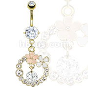 316L Surgical Steel Gold IP Ring of CZ with Flowers and Dangle Gem
