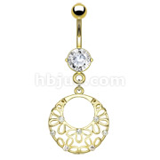 316L Surgical Steel Gold IP Flower Hoop with CZ Dangle Navel Ring