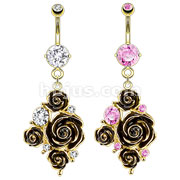 316L Surgical Steel Gold IP Black Rose Cluster with CZ Accents Navel Ring