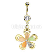 316L Surgical Steel Gold IP Flower with Cateye Gems and CZ Petals Navel Ring