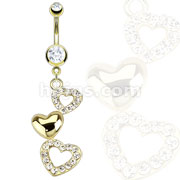 316L Surgical Steel Gold IP Cascading Hearts with Multi CZ Dangle Navel Ring