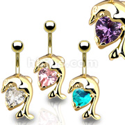 Gold Plated Navel Ring/Dolphin with Solitare Heart CZ