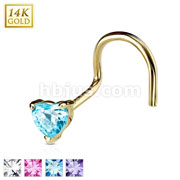 14 Karat Solid Yellow Gold Prong Heart CZ Nose Screw Ring