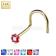 14 Karat Yellow Gold Nose Screw Ring with 2mm Prong Set Square CZ