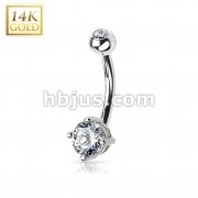 14 Karat Solid White Gold Navel Ring with Prong Set Round CZ