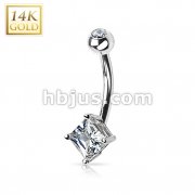 14 Karat Solid White Gold Navel Ring with Square Princess Cut CZ