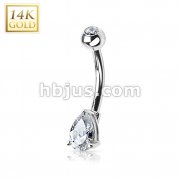 14 Karat Solid White Gold Navel Ring with Prong Set Tear Drop CZ